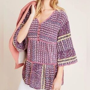 Anthropologie Maeve Lilyana Tiered Floral Bell Sleeve Silk Blouse Size Small